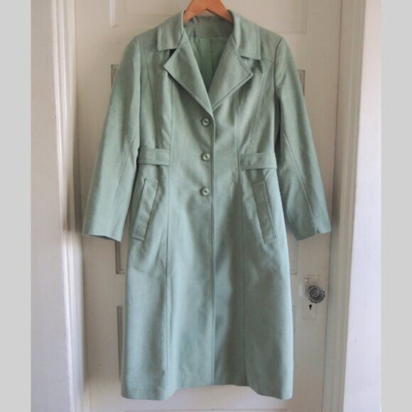 Vintage 70s Lanson ILGWU Light Green Trench Coat S - Picture 3 of 12